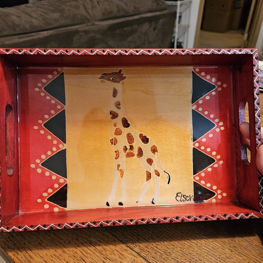 Giraffe Shellac Tray Signed Elsona